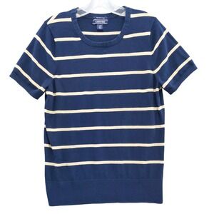 Lands' End Striped Supima‎ Cotton Short Sleeve Sweater Top Blue Beige L/T